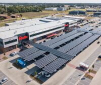 Luftbild eines mit PV überdachten Parkplatzes vor einem Camila-Supermarkt.