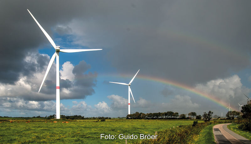 Windkraftanlagen in Nordfriesland mit Regenbogen