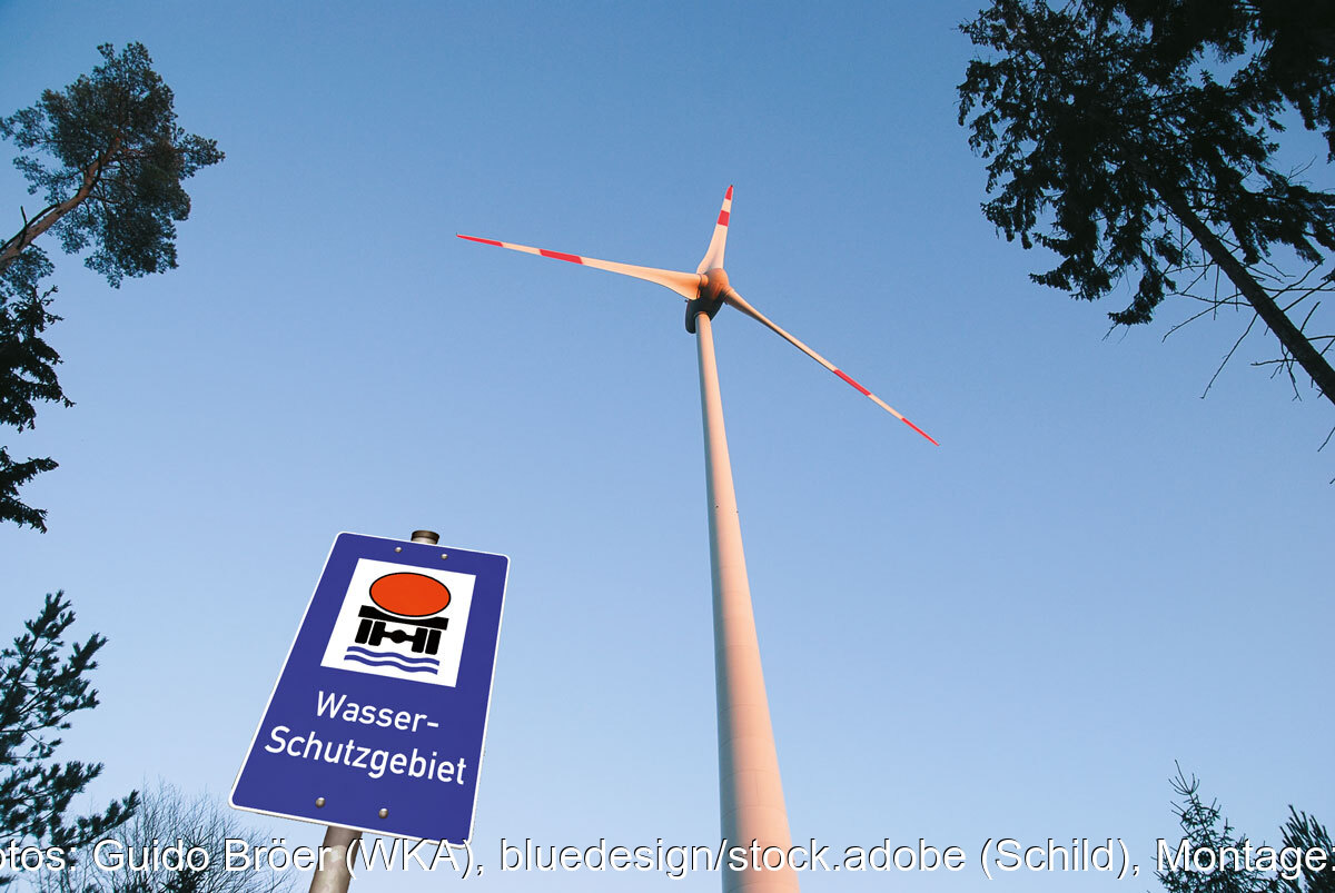 Fotomontage: Trinkwasser-Schutzgebiets-Hinweisschild vor Windenergie-Anlalage