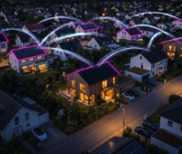 Das Bild zeigt eine Siedlung mit Einfamilienhäusern bei Nach, teilweise mit warm-gelber Beleuchtung und pink leuchtenden Dachkanten, die über weiße Lichtbögen über den Dächern miteinander verbunden sind.