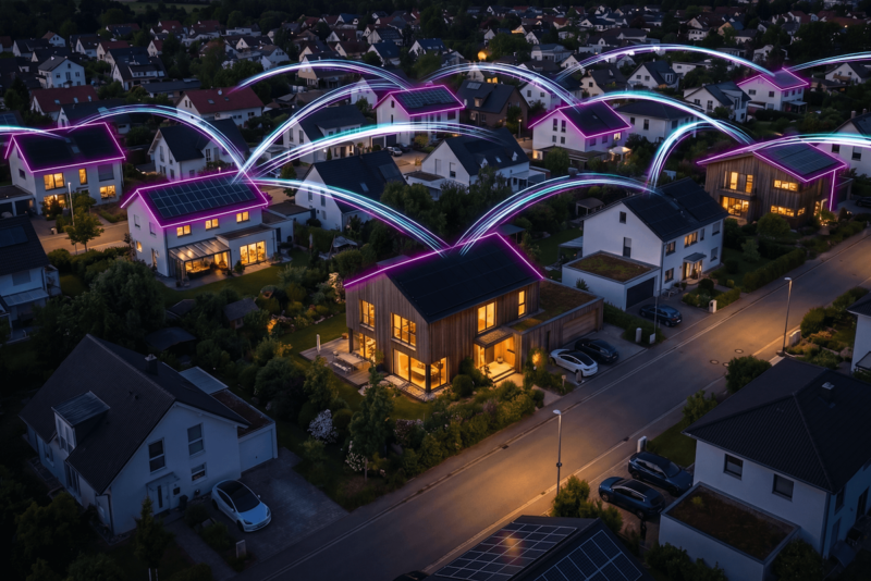 Das Bild zeigt eine Siedlung mit Einfamilienhäusern bei Nach, teilweise mit warm-gelber Beleuchtung und pink leuchtenden Dachkanten, die über weiße Lichtbögen über den Dächern miteinander verbunden sind.