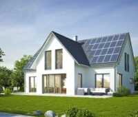 Zu sehen ist ein Haus mit Photovoltaik-Anlage. 1Komma5° bietet integrierte Lösungen aus PV, Speicher und Wärmepumpe an.
