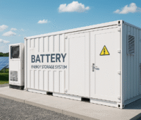 Auf dem Bild ist ein aufgestellter Batteriespeicher neben einer PV-Anlage zu sehen.