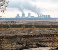 Rekultivierte Fläche ehemaliger Tagebau Nochten, im Hintergrund: Kraftwerk Boxberg