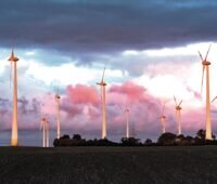 Ein Windpark im Abendlicht.