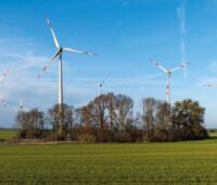 Windenergie-Park hinter Baumgruppe - Enercon-Anlagen vom Typ E 101 und E 92.