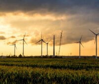 Windpark im Gegenlicht im Bau. Ein Kran steht neben dem unfertigen Turm einer Windenergieanlage.