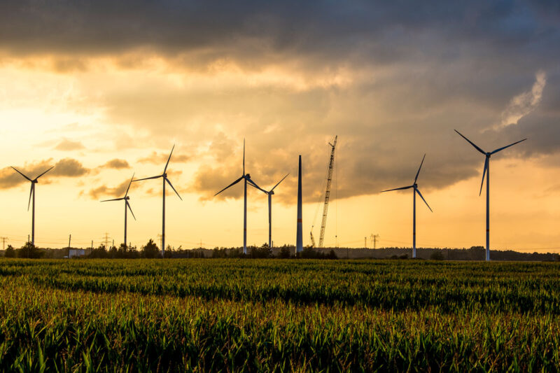 Windpark im Gegenlicht im Bau. Ein Kran steht neben dem unfertigen Turm einer Windenergieanlage.