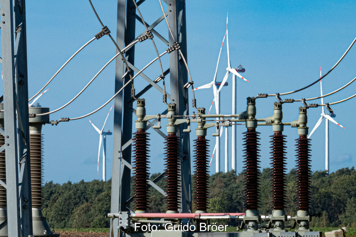 Durchsicht durch ein Umspannwerk auf einen Windpark. Im Vordergrund: Isolatoren, Strom- und Erdungsleitungen, Gittermasten.