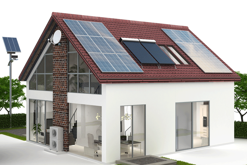 Grafische Darstellung einen EFH mit Photovoltaik- und Solarthermie-Anlage