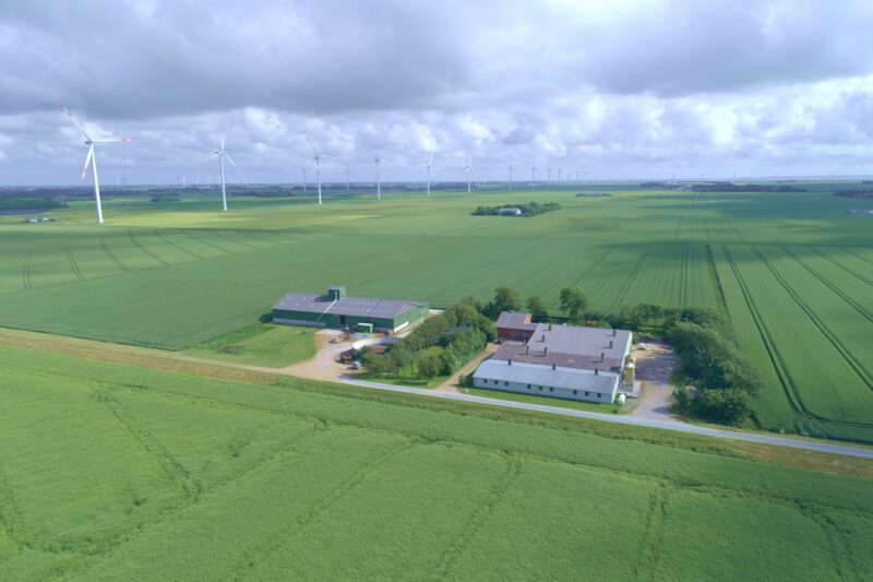 Zu sehen ist eine Luftaufnahme von Friedrich-Wilhelm-Lübke-Koog: Ein einsamer Hof und viele Windräder.