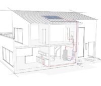 Zu sehen ist ein Hausschema, das die Anbindung vom elektrischen Durchlauferhitzer mit der Solarthermie Warmwassersolar-Anlage mit den Solarkollektoren auf dem Dach zeigt.