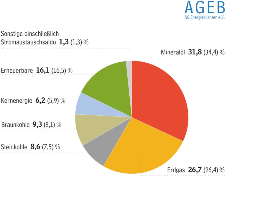 Zu sehen ist ein Tortendiagramm mit denAnteilen der verschiedenen Energieträger im nationalen Energiemix.