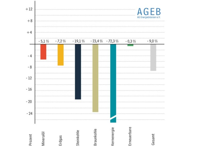 Im Bild ein Balkendiagramm, das die Änderungen der verschiedenen Energieträger am Energieverbrauch in Deutschland im Jahr 2023 zeigt.