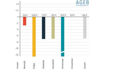 Im Bild ein Balkendiagramm, dass die Veränderungen der unterschiedlichen Energieträger am Energieverbrauch im ersten Quartal 2023 zeigt.