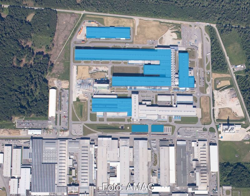 Luftbild von Dächern eines Industriebetriebs aus großer Höhe.