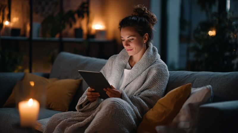Frau mit Pad sitzt entspannt auf dem Sofa bei Kerzenschein.