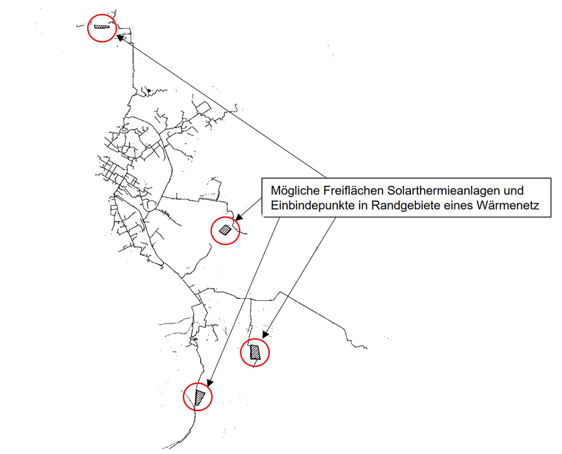 Grafik eines Beispiel-Fernwärmenetzes mit möglichen Solaranlagen in den peripheren Netzbereichen