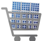 Eine schematische Abbildung eines Einkaufwagens mit einem Solarpanel, 1Komma5° rechnet mit Preisanstieg bei Solarmodulen.