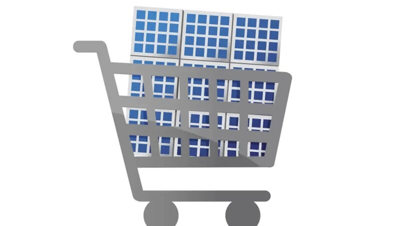 Eine schematische Abbildung eines Einkaufwagens mit einem Solarpanel, 1Komma5° rechnet mit Preisanstieg bei Solarmodulen.