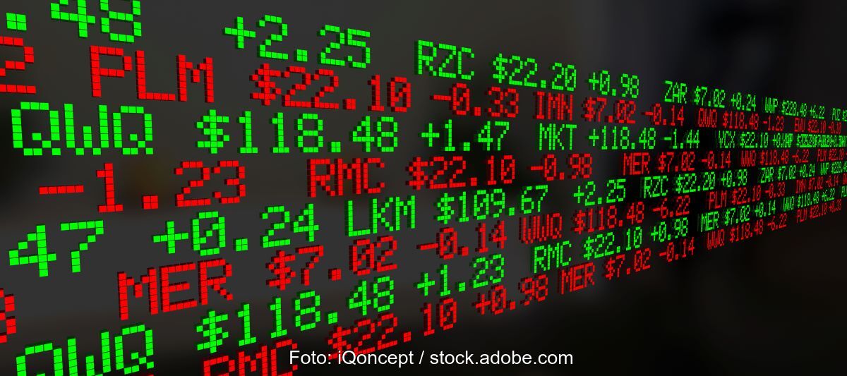 Grafik mit Börsentickersymbolen und Daten in rot und grün.