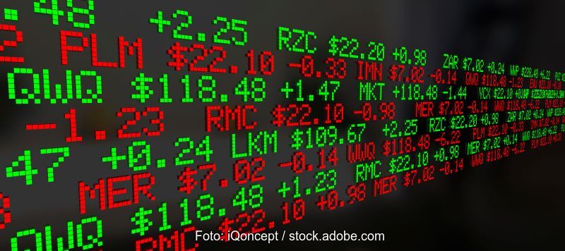 Grafik mit Börsentickersymbolen und Daten in rot und grün.