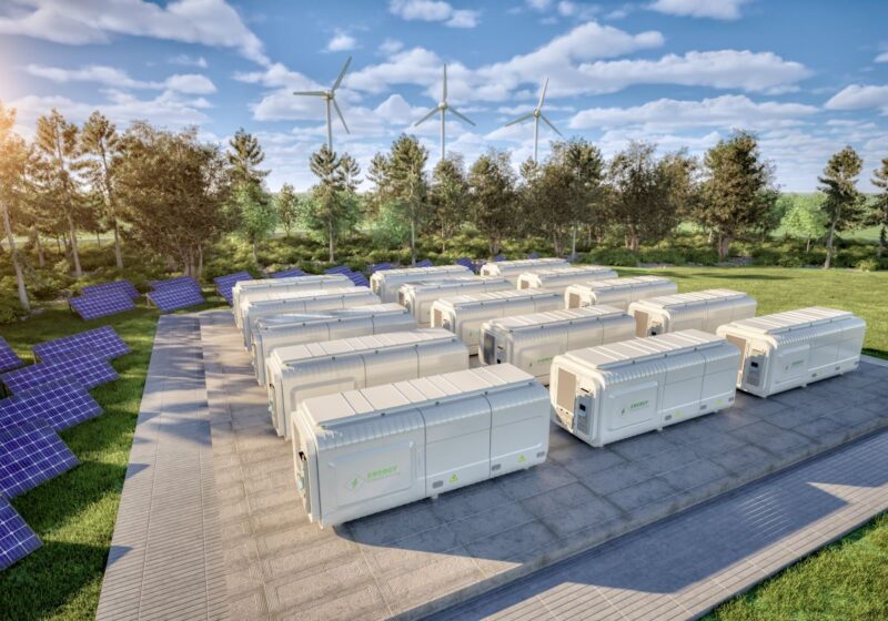 Batteriespeicher im Freien von PV-Modulen umgeben.