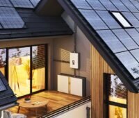 Haus mit großer Photovoltaik-Anlage und Batteriespeicher auf den Balkon, die Lebensdauer steigt, wenn der Stromspeicher erst abends vollgeladen ist.