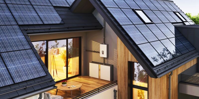 Haus mit großer Photovoltaik-Anlage und Batteriespeicher auf den Balkon, die Lebensdauer steigt, wenn der Stromspeicher erst abends vollgeladen ist.