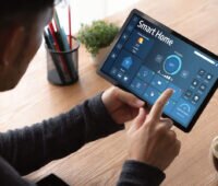 Jemand bedient ein Heim-Energiemanagementsystem HEMS auf dem iPad