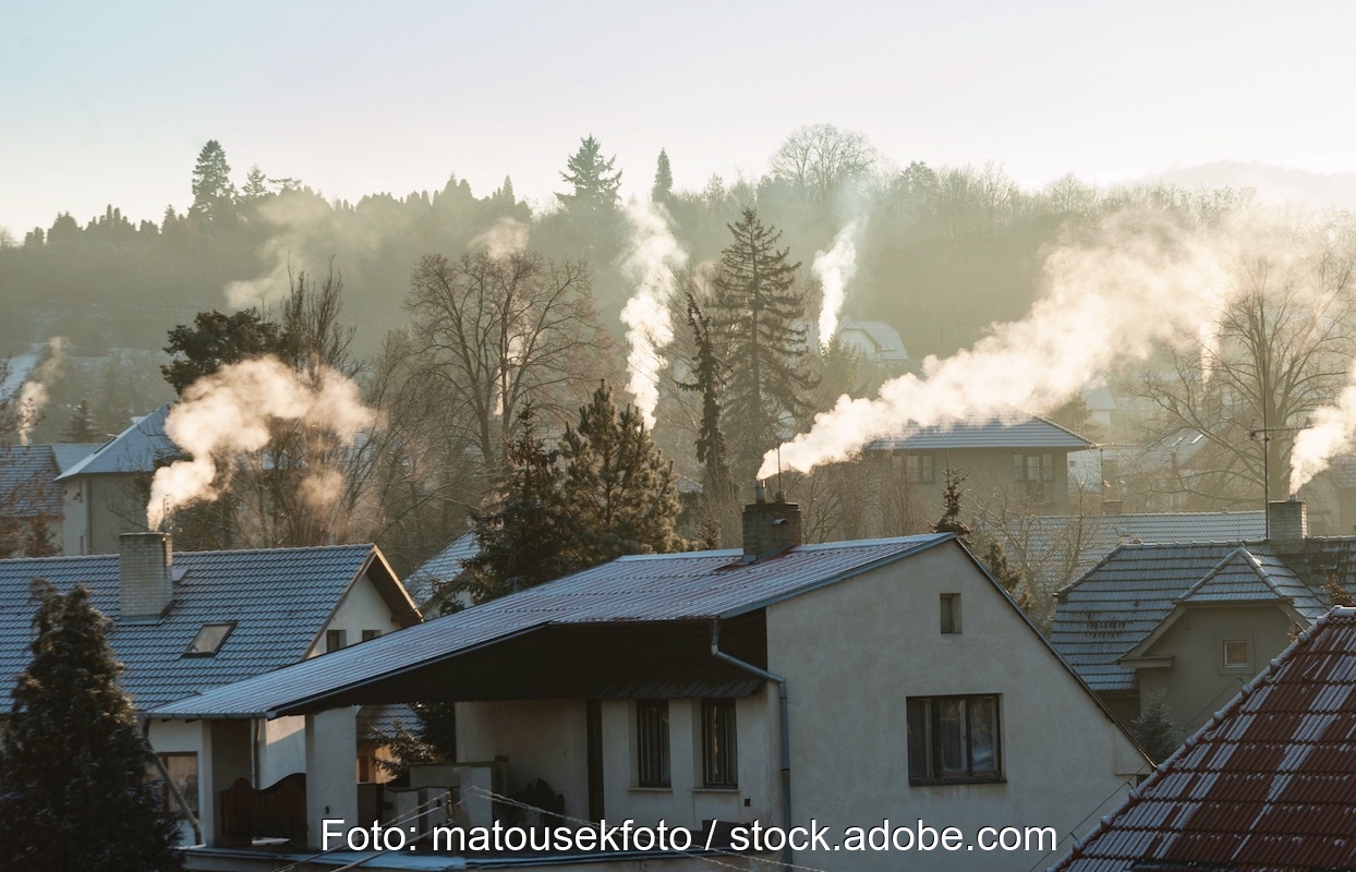 Ein Ortsbild mit Dächern. Aus vielen Schornsteinen steigt Qualm - Emissionen - auf.