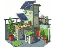 Eine Zeichnung zeigt Solarmodule auf dem Balkon, der Everhome-Stromzähler ist nun mit Balkonkraftwerken von Ecoflow kompatibel.