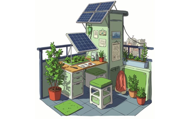 Eine Zeichnung zeigt Solarmodule auf dem Balkon, der Everhome-Stromzähler ist nun mit Balkonkraftwerken von Ecoflow kompatibel.