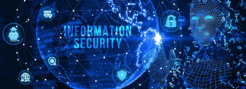 Illustration mit der Erdkugel einer Person und der Aufschrift Information Securitiy, Sonnen hat die Cybersicherheit seiner Stromspeicher zertifizieren lassen.