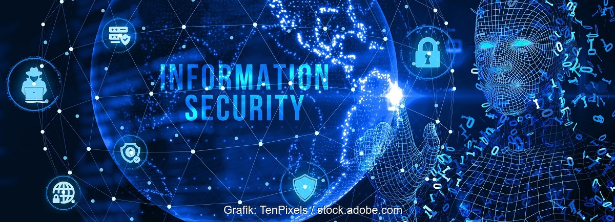 Illustration mit der Erdkugel einer Person und der Aufschrift Information Securitiy, Sonnen hat die Cybersicherheit seiner Stromspeicher zertifizieren lassen.