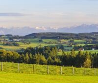 Bayerische bäuerliche Landwirtschaft, im Hintergrund die Alpen, rechts davor, kaum zu erkennen, ein Windpark