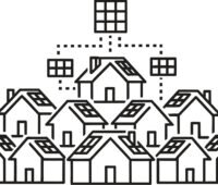 Eine Zeichnung zeigt Häuser mit Solaranlagen, BSW-Solar fordert Rechtssicherheit für Photovoltaik-Kundenanlagen.