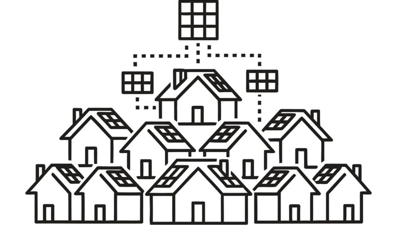 Eine Zeichnung zeigt Häuser mit Solaranlagen, BSW-Solar fordert Rechtssicherheit für Photovoltaik-Kundenanlagen.