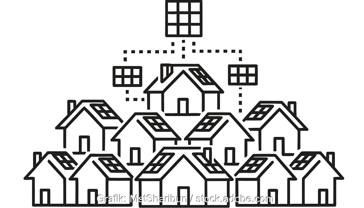 Eine Zeichnung zeigt Häuser mit Solaranlagen, BSW-Solar fordert Rechtssicherheit für Photovoltaik-Kundenanlagen.