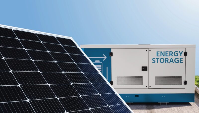 Im Vordergrund ein PV-Modul, hinten ein Container mit der Aufschrift "ENERGYSTORAGE"