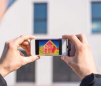 Wärmebild eines Gebäudes auf einem Smarphone-Bildschirm. Symbolfoto für das GMG.