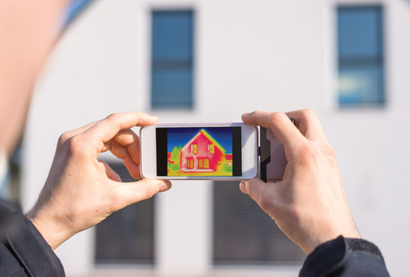 Wärmebild eines Gebäudes auf einem Smarphone-Bildschirm. Symbolfoto für das GMG.