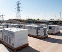 Batteriespeicher in Containern vor Stromleitungen, der BVES will Beschwerde bei der Europäischen Kommission gegen StromVKG einlegen, weil dieses Stromspeicher diskriminiert.