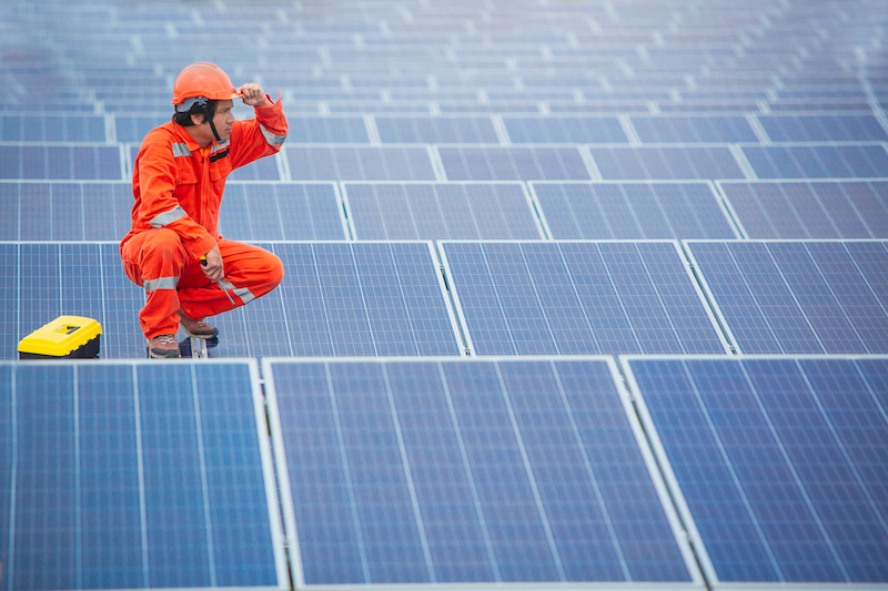 Installateur schaut über eine große Fläche an Solarmodulen