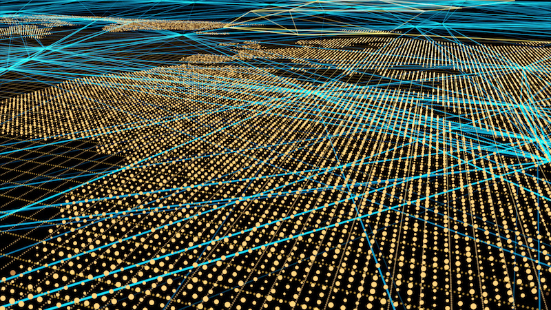 Lichtpunkte auf einer Karte symbolisieren den Energieverbrauch. Blaue Linien zeigen die Datenverbindungen an. Beides steht für Digitalisierung