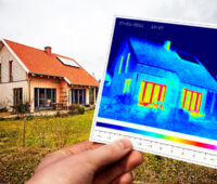 Im Hintergrund ein Einfamilienhaus, im Vordergrund eine Hand, die eine Thermografieaufnahme hält