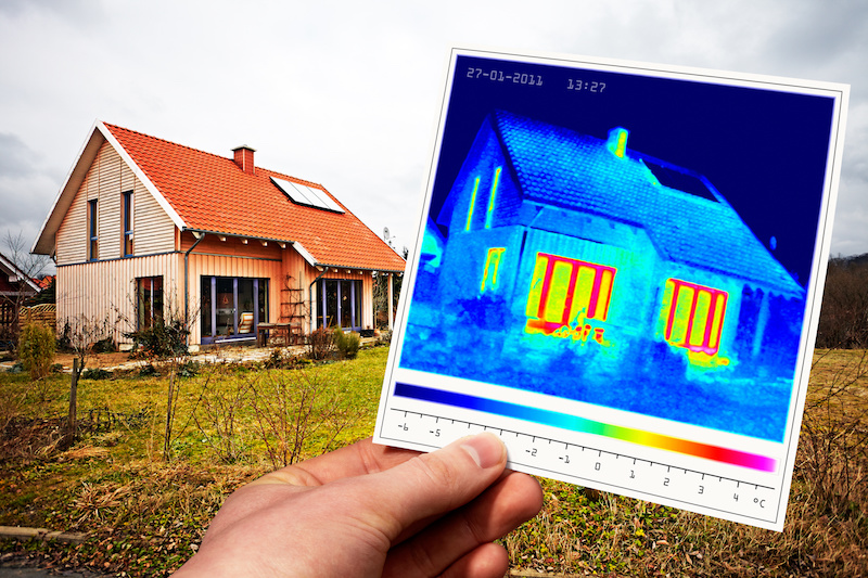 Im Hintergrund ein Einfamilienhaus, im Vordergrund eine Hand, die eine Thermografieaufnahme hält