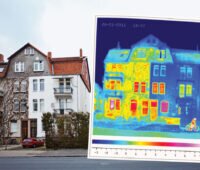 Alter Wohngebäude und das Foto, das mit einer Wärmebildkamera davon gemacht wurde.