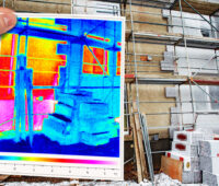 Im Hintergrund ein Gebäude, das gedämmt wird. Im Vordergrund eine Thermografieaufnahme. Das Gebäudeenergiegesetz wird derzeit diskutiert.