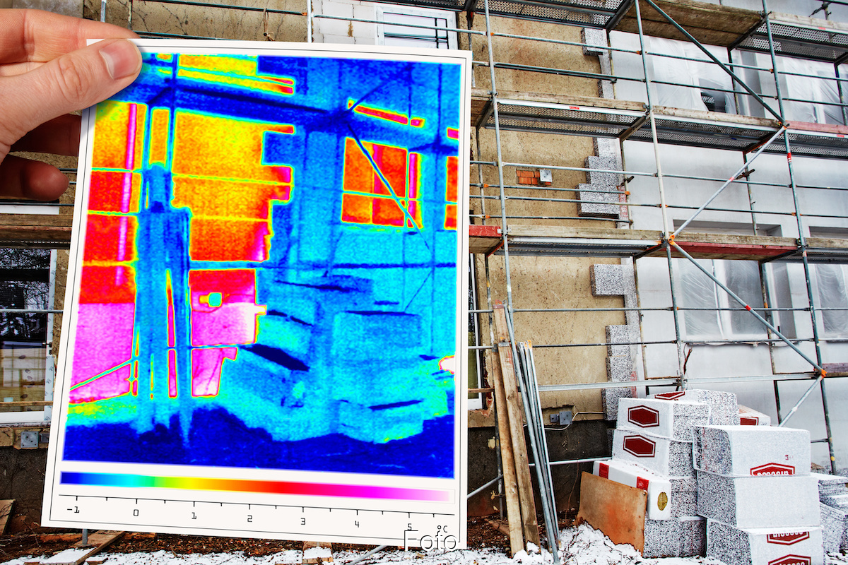 Im Hintergrund ein Gebäude, das gedämmt wird. Im Vordergrund eine Thermografieaufnahme. Das Gebäudeenergiegesetz wird derzeit diskutiert.